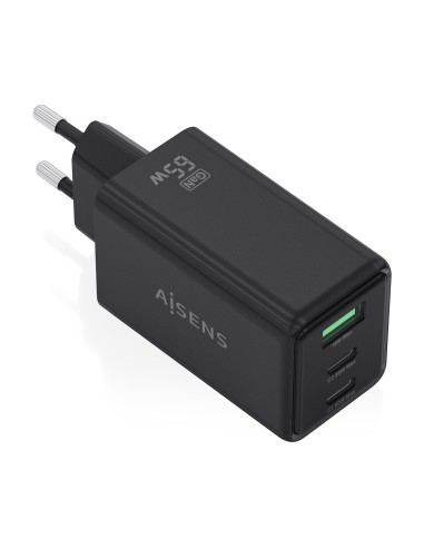 Aisens Cargador ultrarápido 65W USB 2xC+A Negro