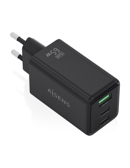 Aisens Cargador ultrarápido 65W USB 2xC+A Negro