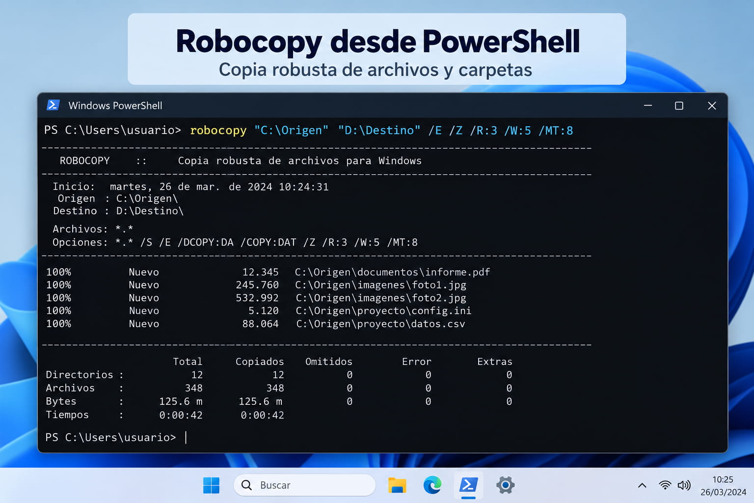 Ejemplo de Robocopy ejecutándose desde PowerShell