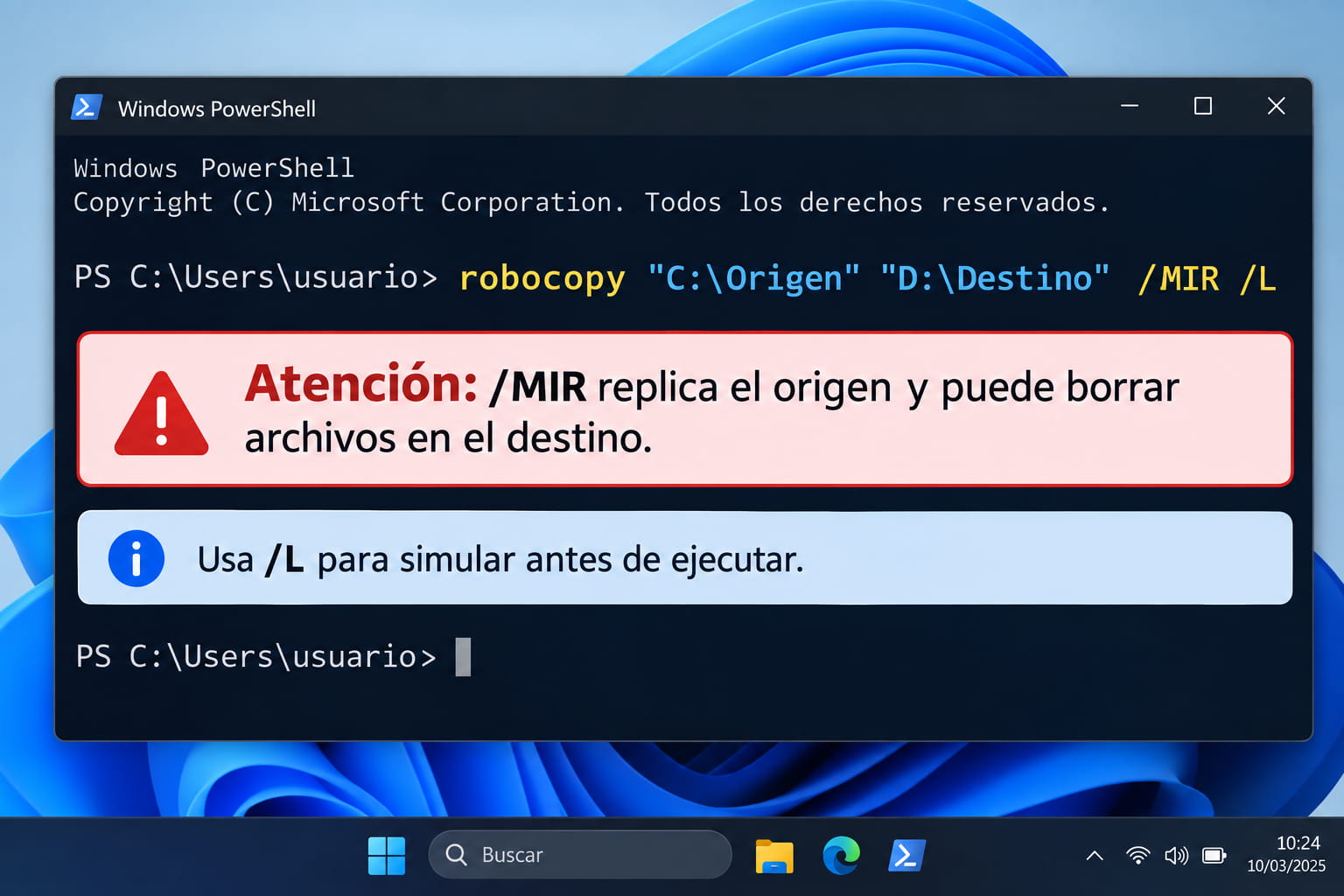 Advertencia sobre el uso de MIR y L en Robocopy